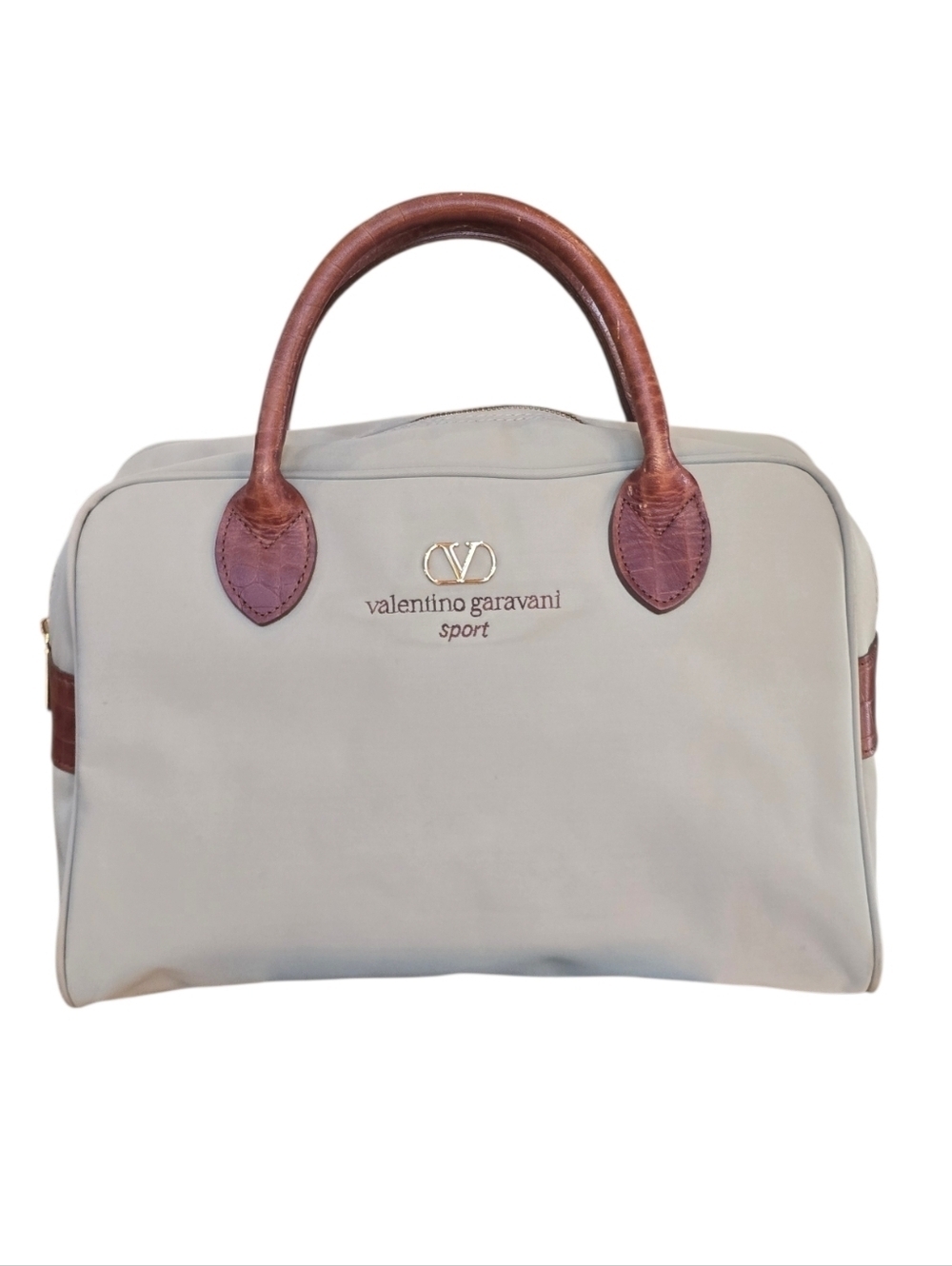 Valentino Garavani Sport Boston Khaki Nylon Brown Leather Trim Satchel - Picture 1 of 14